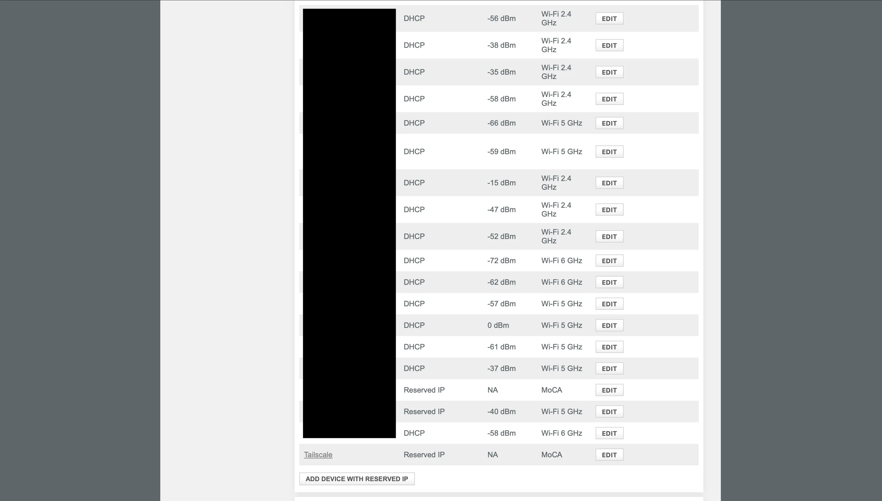 DHCP reservation configured in the Xfinity gateway admin interface