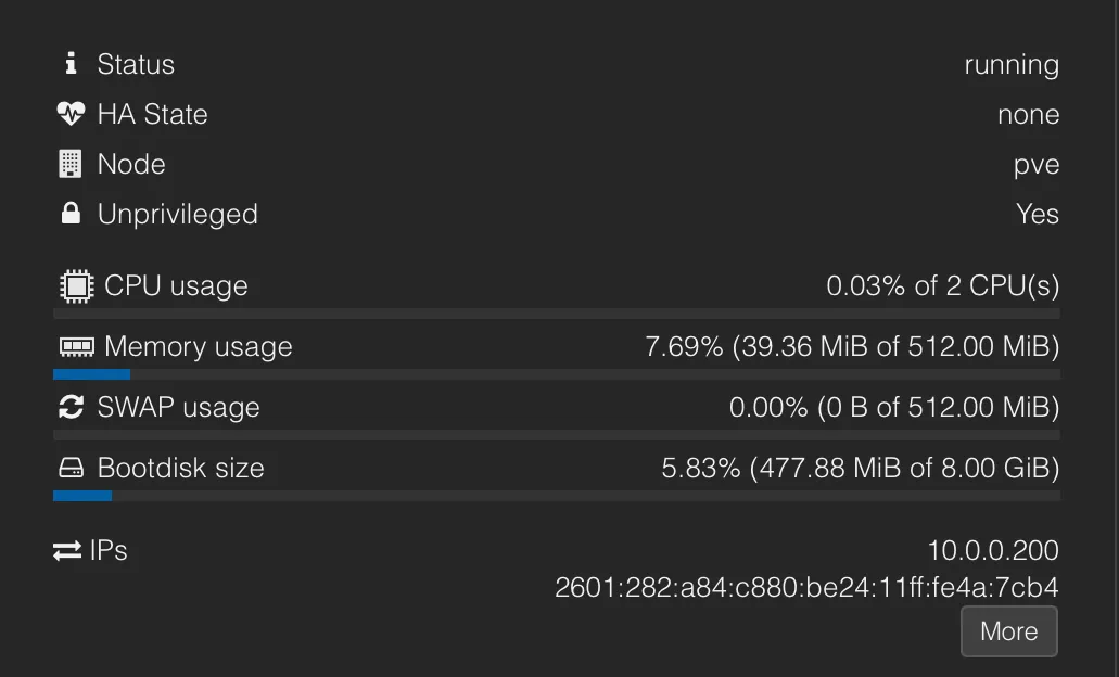 LXC container summary — CPU, memory, and disk allocation