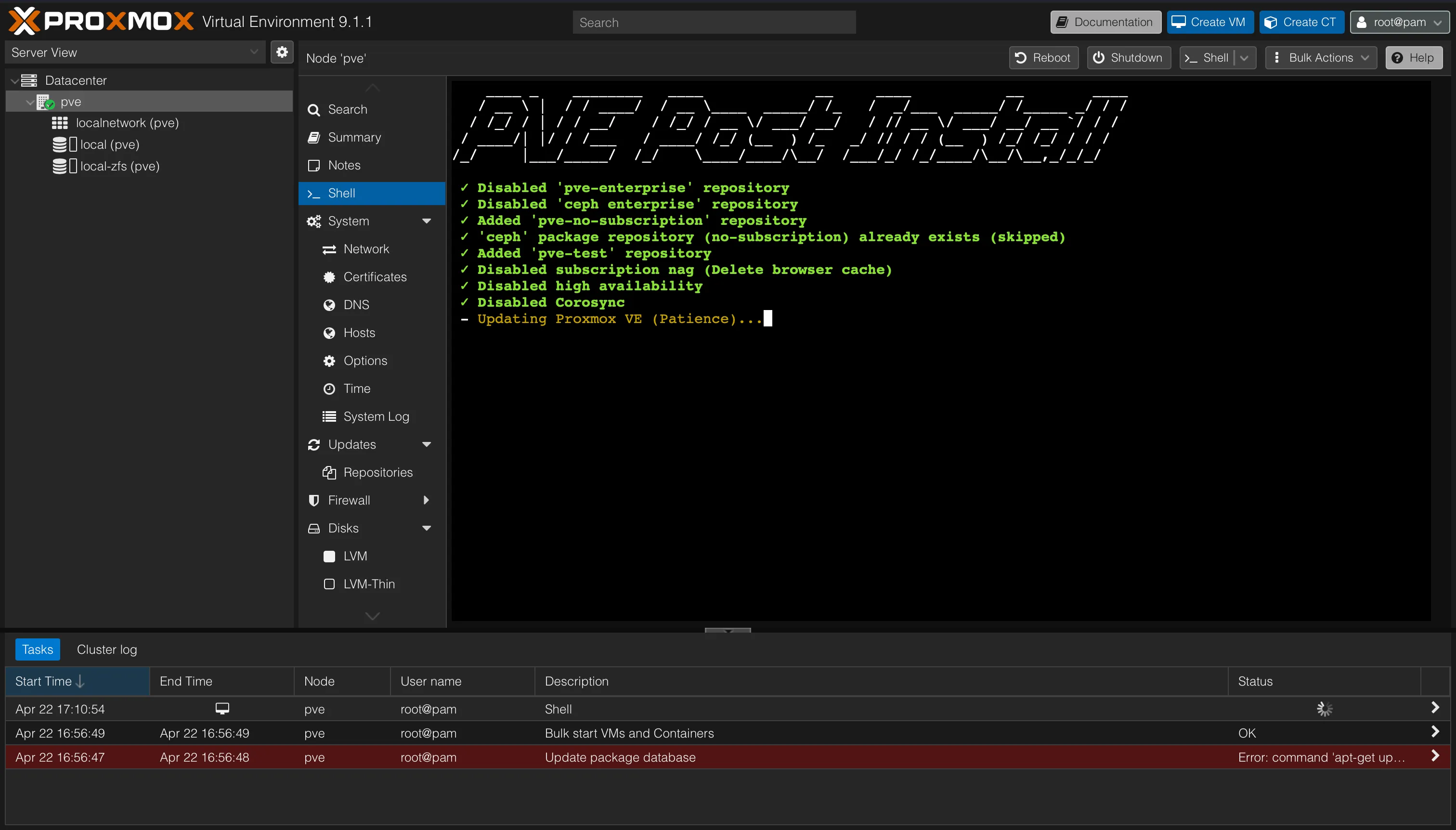 PVE post install script running
