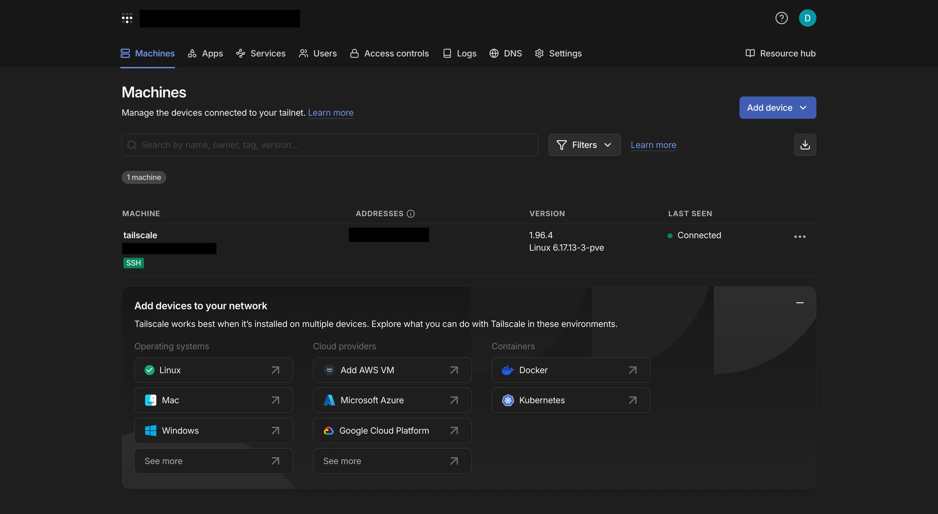 Tailscale connectivity confirmed with the subnet router active